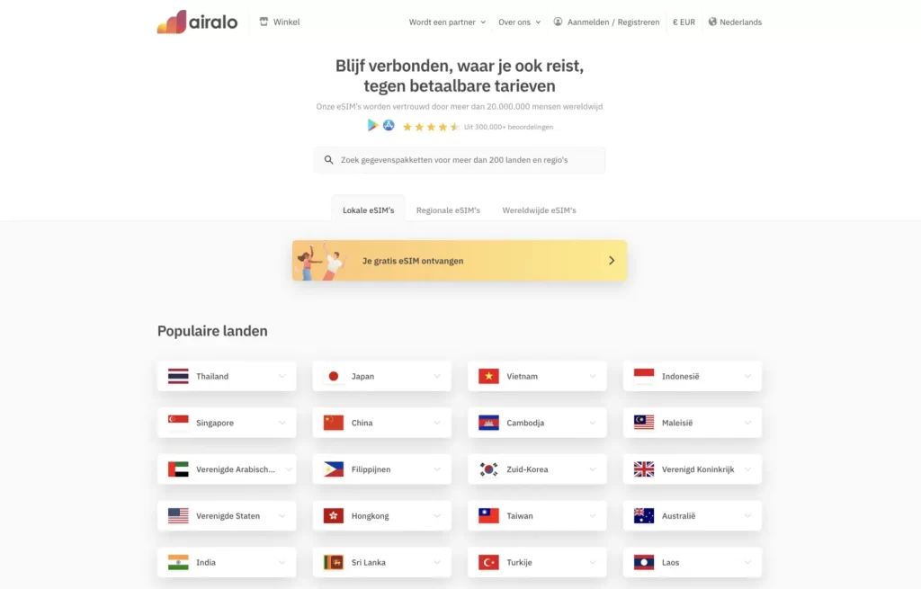 Airalo Homepage Nederlands