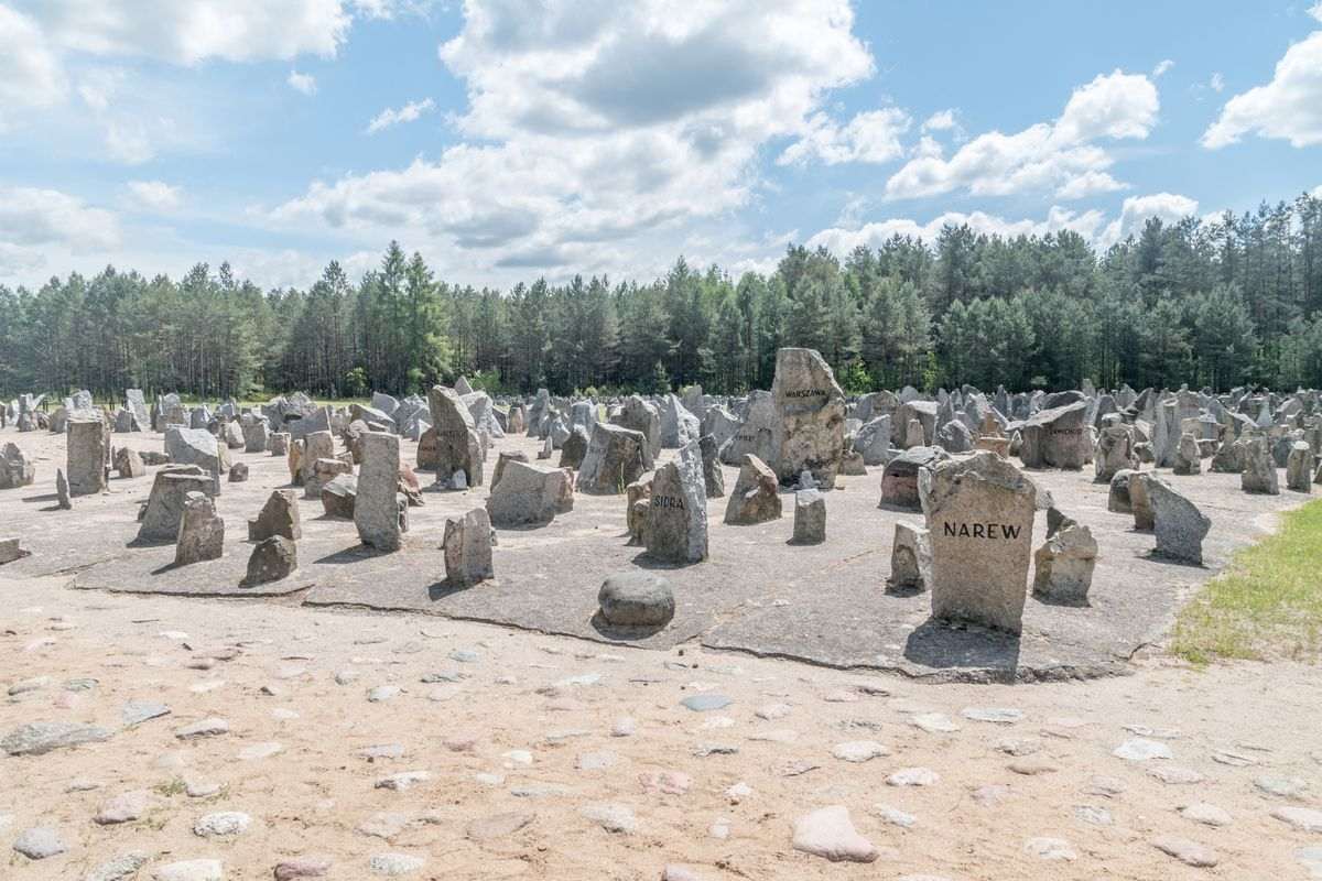 Stones engraved with names of towns at the Treblinka II Holocaust memorial site in Poland